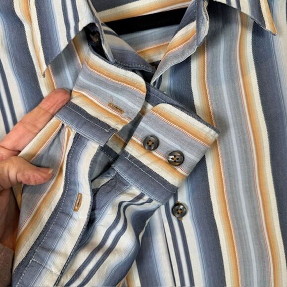 Tommy Bahama 100% Silk Striped Button Front Shirt Blue White Gold Size Medium - Picture 2 of 12
